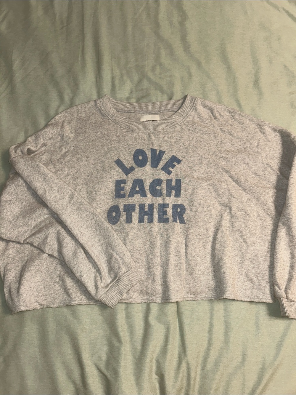 American Eagle Outfitters Gray Sweatshirt with Blue "Love Each Other" Graphic
